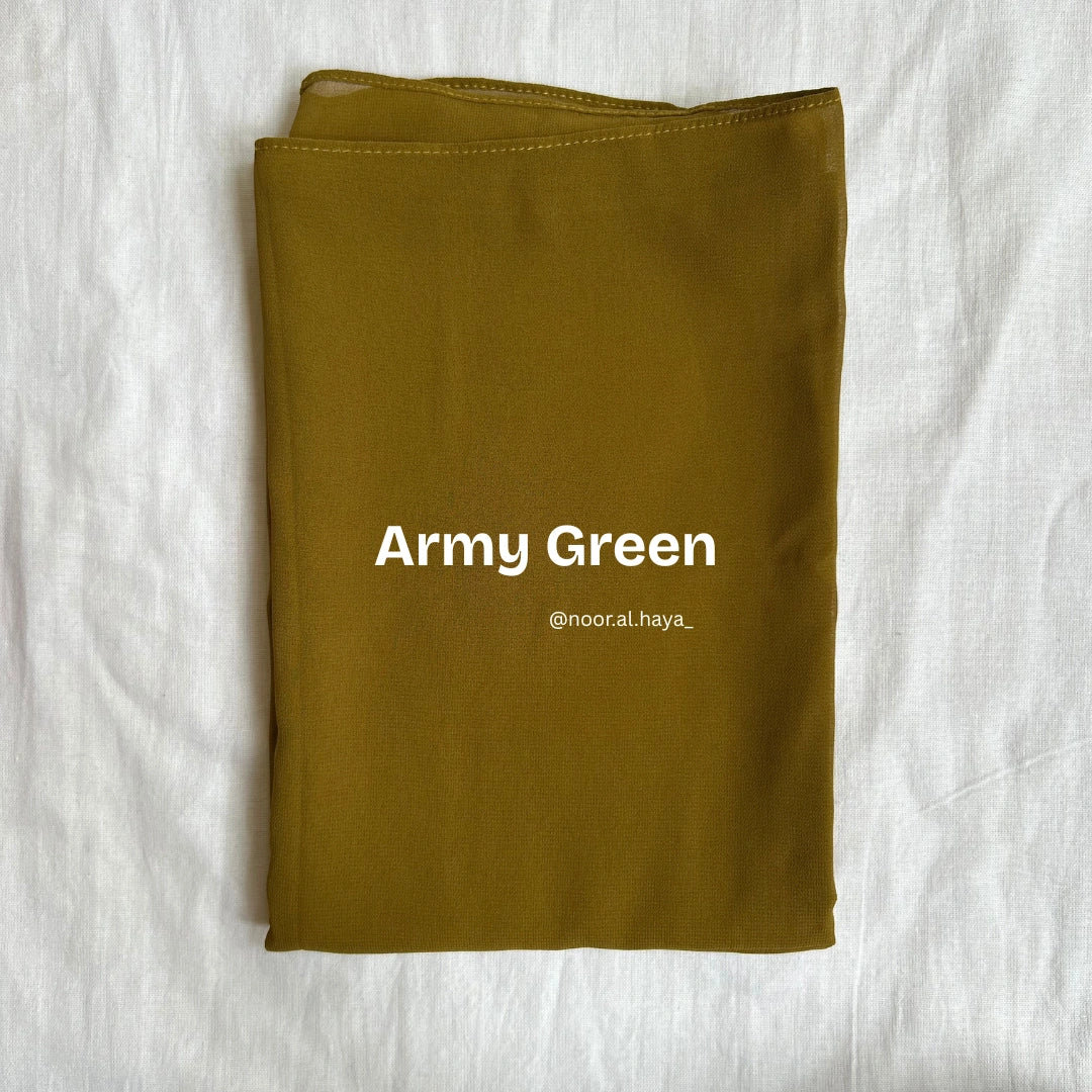2 meter heavy Malaysian chiffon hijab in army green by Noor Al Haya