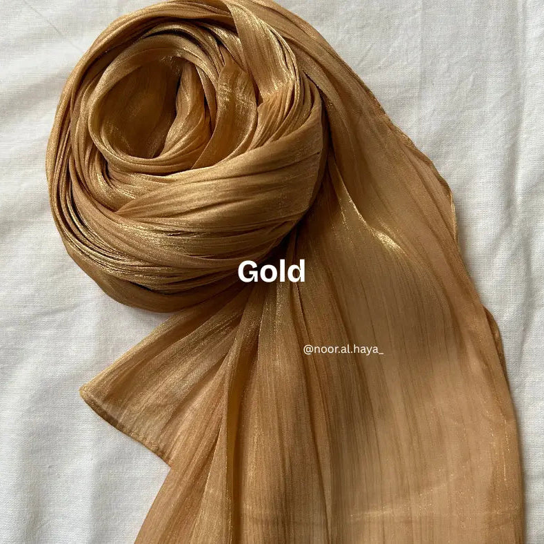 2 meter gold shimmer organza hijab by Noor Al Haya