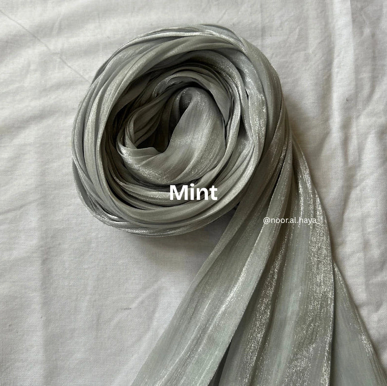 2 meter mint shimmer organza hijab by Noor Al Haya