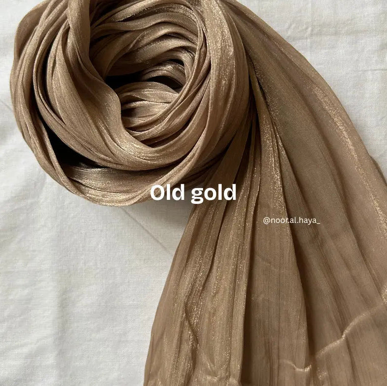 2 meter old gold shimmer organza hijab by Noor Al Haya
