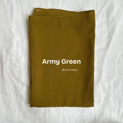 2 meter heavy Malaysian chiffon hijab in army green by Noor Al Haya