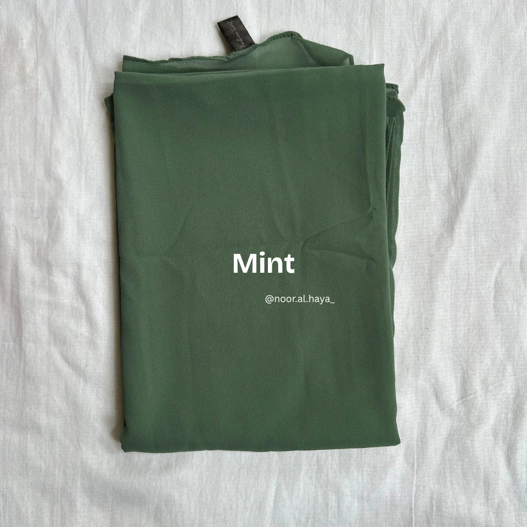 2 meter heavy Malaysian chiffon hijab in mint by Noor Al Haya