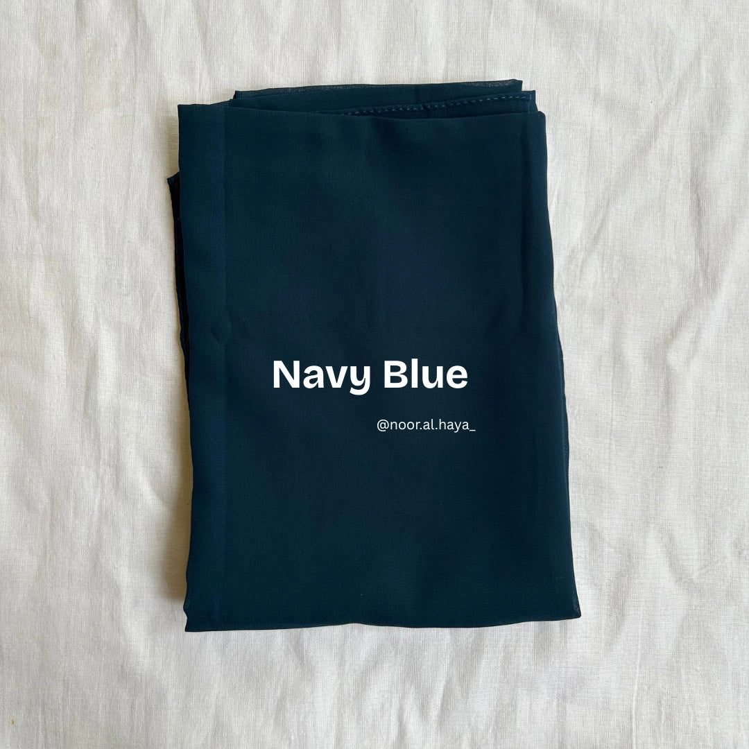 2 meter heavy Malaysian chiffon hijab in navy blue by Noor Al Haya