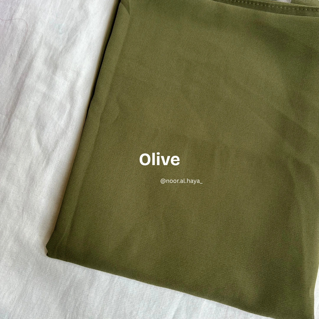 2 meter heavy Malaysian chiffon hijab in olive by Noor Al Haya