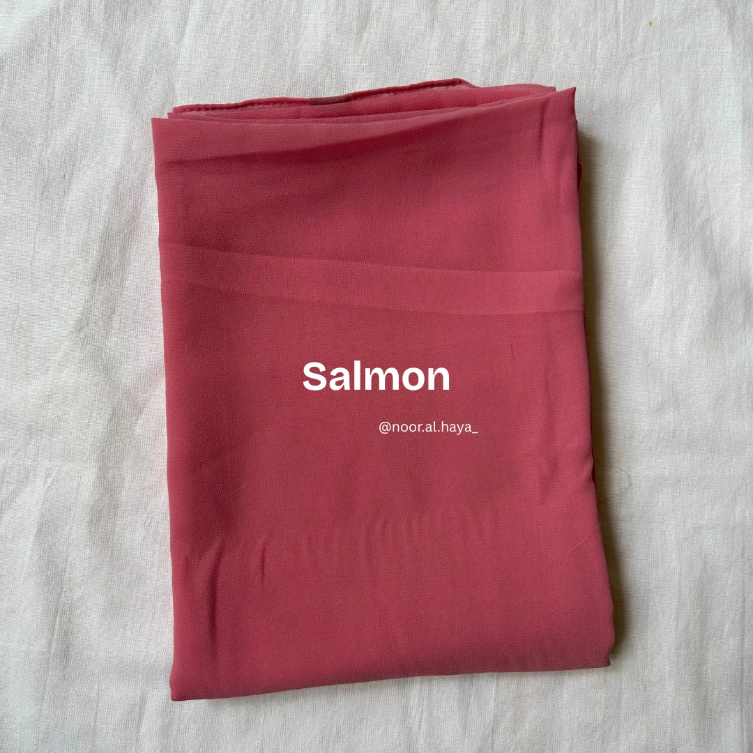 2 meter heavy Malaysian chiffon hijab in salmon by Noor Al Haya