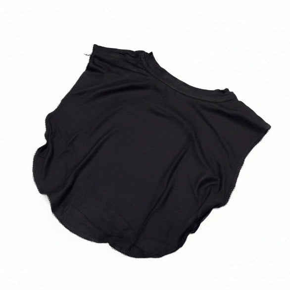 A black one-shoulder knit top or dress, shown flat on a white background by noor al haya
